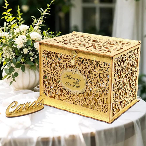 Caja de Tarjetas de Boda de Oro con Purpurina y Cerradura de OurWarm, Caja de Regalo de Madera para Tarjetas de Boda para Recepción, Caja de Sobres