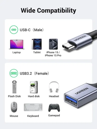 Vista 2 de UGREEN Adaptador USB C a USB 3.0 de 5 Gbps OTG Cable tipo C macho a USB A hembra de nailon trenzado de aluminio compatible con iPhone 15 Plus Pro