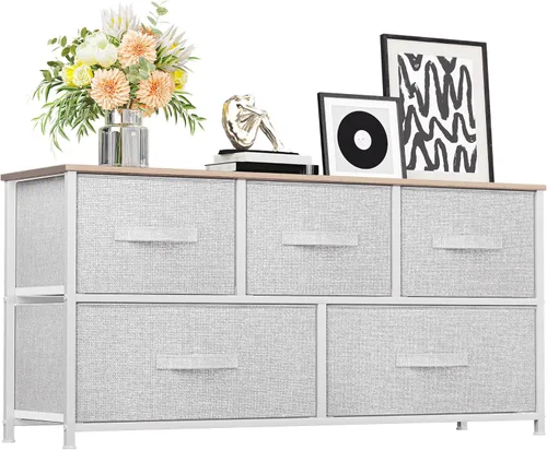 Vista 39 de YITAHOME Cómoda de tela de 4 cajones, cómoda y cómoda para dormitorio, sala de estar, pasillo, armarios, marco de acero resistente, parte superior