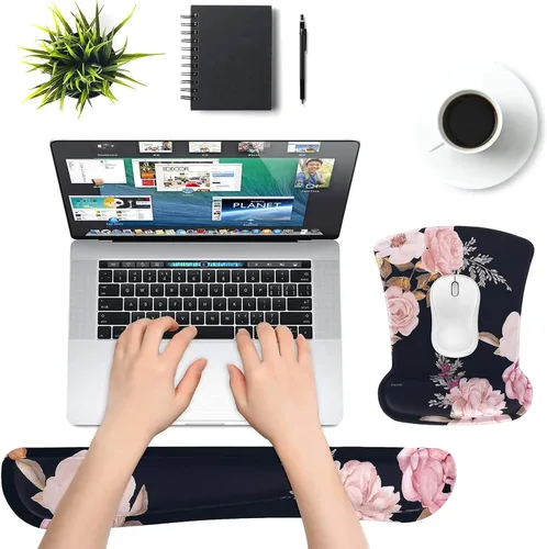 Vista 2 de MOSISO Juego de soporte para muñecas para mouse y teclado, almohadilla ergonómica Peony con base antideslizante para alivio del dolor