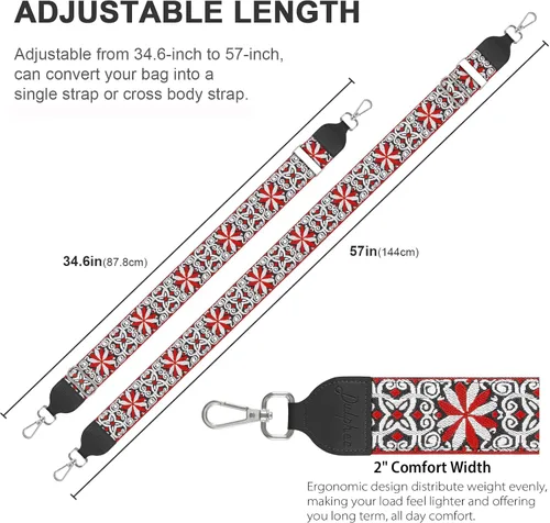 Vista 4 de Correa para bolso, jacquard bordada de 2 pulgadas de ancho de algodón suave y extremos de cuero, correas de repuesto para bolsa cruzada