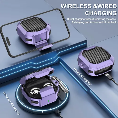 Vista 4 de Galafoki Fundas de fibra de carbono con bloqueo para Samsung Galaxy Buds FE (2023), Galaxy Buds 2 Pro Case 2022, Bud Pro 2021, Bud 2 2021, Bud Live