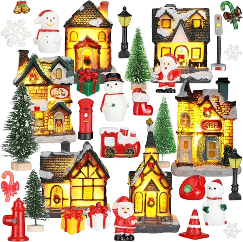 Vista 6 de Liliful Juego de 46 piezas de casa de pueblo de Navidad, figuras de escena de Navidad, decoración con luces LED de aldea de Navidad, figuras