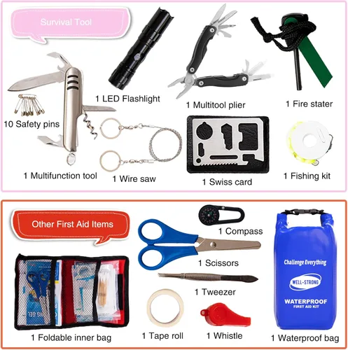 Vista 9 de Kit de primeros auxilios para lancha con herramientas de supervivencia, 123 piezas impermeables de emergencia con hebillas, accesorios compactos