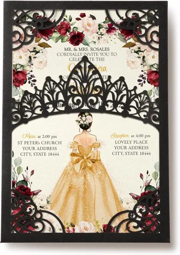 Vista 20 de 50 invitaciones de quinceañera con corona negra perlada cortada con láser Invitaciones de cumpleaños florales burdeos para Sweet 16/Miss XV