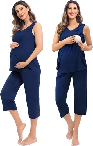 SWOMOG Conjunto de pijama de maternidad para mujer, pijama de lactancia de doble capa, sin mangas, parte superior capri, conjunto de embarazo con