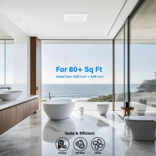 Vista 7 de 80CFM - Extractor de ventilación de baño con rejilla: ventilador de ducha de montaje en techo de 20W, 120V, blanco, clasificado para zonas húmedas