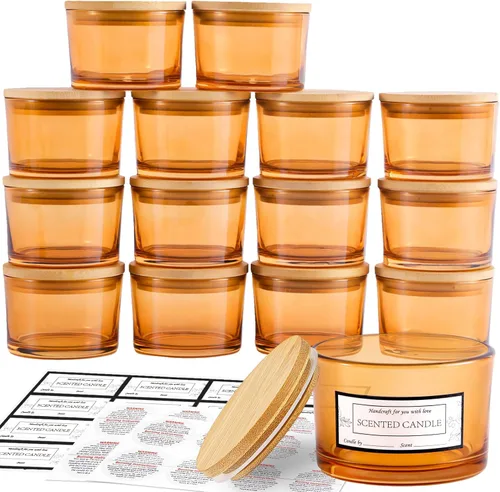Vista 11 de CONNOO Paquete de 15 tarros de vela de vidrio ámbar de 4 onzas con tapas de bambú para hacer velas, recipientes de vidrio pequeños de boca ancha a