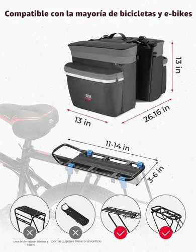 Vista 5 de KEMIMOTO - Bolsa para bicicleta alforja con cubierta anti-lluvia, bolsa de sillín de bicicleta impermeable de 34L para almacenamiento de bolsas