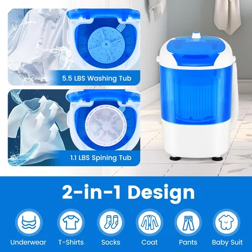 Vista 4 de COSTWAY Portable Mini Washing Machine with Spin Dryer, Washing Capacity 5.5lbs, Electric Compact Machines Durable Design Energy Saving, Rotary