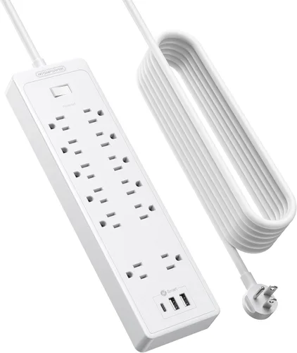Vista 12 de Cable de extensión de 15 pies, protector de sobretensiones de 6 salidas, tira de alimentación larga y resistente de enchufe plano, enchufe plano