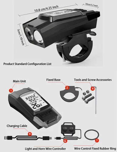 Vista 7 de Computadora de ciclismo inalámbrica multifuncional 3 en 1, luces de bicicleta de 800lm con bocina,Velocímetro de bicicleta odómetro MPH KM/H