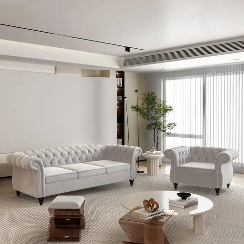 Vista 17 de Juego de 2 piezas para sala de estar, sofá loveseat Chesterfield de terciopelo con silla, brazos enrollados y tachuelas para sala de estar, oficina
