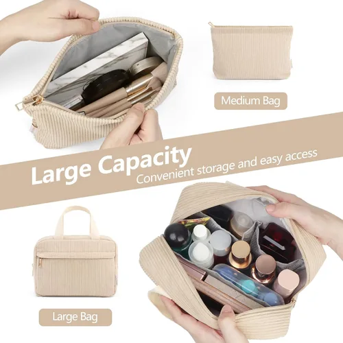 Vista 3 de 2 bolsas de maquillaje para mujer, bolsa de maquillaje de pana para bolso, bolsa de maquillaje grande de viaje, bolsas pequeñas para cosméticos