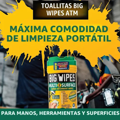Vista 5 de BIG WIPES Recipiente multisuperficie resistente, paños de limpieza súper absorbentes para manos, superficies y herramientas, recipiente de 80