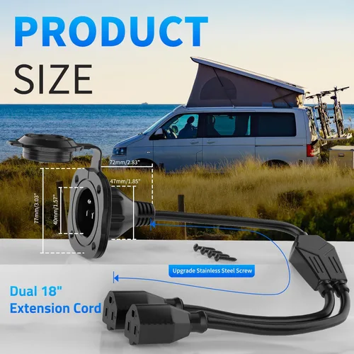 Vista 7 de Enchufe de puerto de CA de 15 amperios, enchufe de entrada de alimentación de 125 V con cubierta impermeable y cable de extensión dual integrado