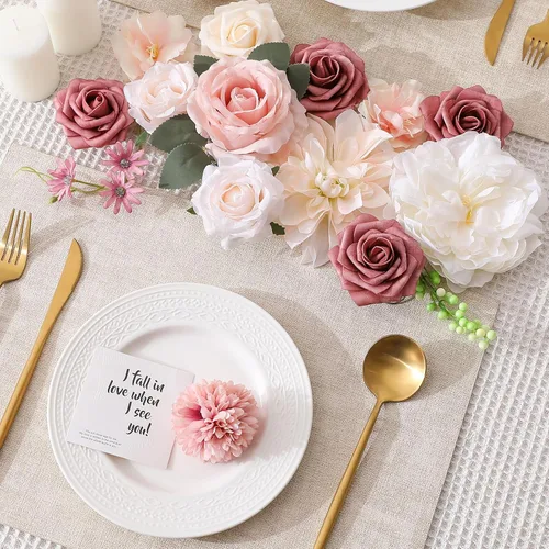 Vista 3 de Kisflower Combo de flores artificiales para decoración de tartas, flores, falsas para bricolaje, ramo de novia, centros de mesa (rosa rubor)