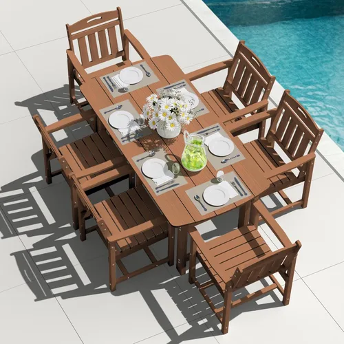 Vista 33 de Mesa de comedor rectangular para exteriores, mesa de polietileno de alta densidad resistente para 6, mesa de patio resistente a la intemperie