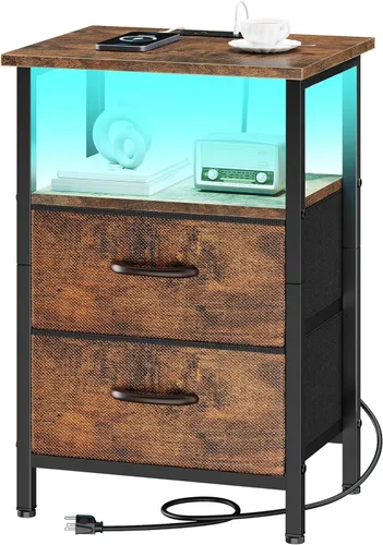 Vista 14 de Vagusicc Nightstand with Charging Station, End Table Bedside Table with 2 Fabric Drawers, Black Night Stand with USB Ports & Outlets, 24.2" Tall Bed