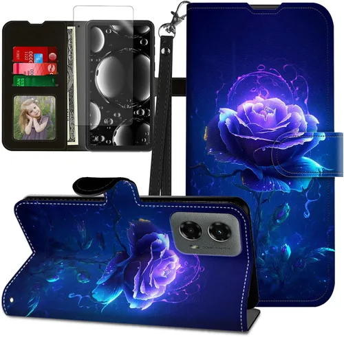 Vista 440 de Funda para Motorola Edge 2022 con protector de pantalla, soporte y tarjetero y correa para la muñeca, funda magnética para Moto Edge 2022 5G UW Lobo