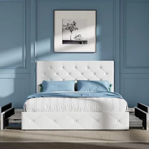 Vista 99 de HOOMIC Base de cama de almacenamiento de plataforma de tamaño matrimonial con 4 cajones y cabecera ajustable, listones de madera, no necesita