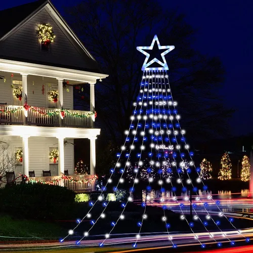 Vista 8 de Decoraciones Navideñas para Exteriores Luces de Cadena de Estrellas, 317 LED 11.5 pies Luces de Cascada para Árbol con 8 Modos de Iluminación