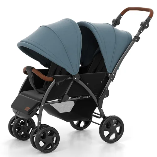 Vista 11 de INFANS Cochecito doble, cochecito plegable en tándem para bebé con respaldo ajustable, reposapiés de dosel, arnés de 5 puntos, canasta