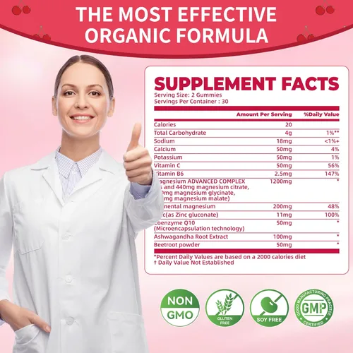 Vista 4 de Gomitas de glicinato de magnesio de 1000 mg – Suplemento de magnesio y potasio sin azúcar con vitamina D, B6, CoQ10 para un estado de ánimo