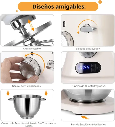 Vista 4 de Batidora de Pie Comercial de 8.4QT 800W con Fundición a Presión de Aluminio Cumple con el Estándar NSF/ANSI 8-2023, Batidoras de Cocina Batidora