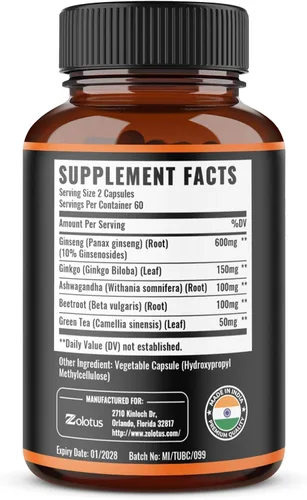 Vista 2 de Zolotus Panax Ginseng rojo coreano + ginkgo biloba, ashwagandha, remolacha, té verde - 120 cápsulas para suministro de 2 meses