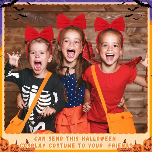 Vista 3 de Hotop 2 piezas de disfraz de bruja de Halloween para mujer, incluye diadema de lazo rojo, accesorios para el cabello, diadema roja, bolsa cruzada