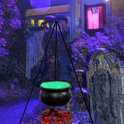Vista 4 de Decoraciones de Halloween para exteriores, caldero de bruja con luz, soporte de trípode, decoración de cuenco de plástico negro, decoración de cubo