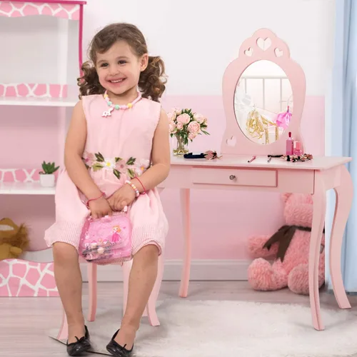 Vista 3 de Costzon Juego de tocador para niños con espejo, 2 en 1 de madera de princesa con parte superior desmontable, juego de tocador para niños con cajón