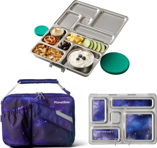 Vista 7 de PlanetBox Rover - Lonchera estilo Bento de acero inoxidable para jóvenes con 5 compartimentos, edición mariposas incluye bolsa de almuerzo aislada