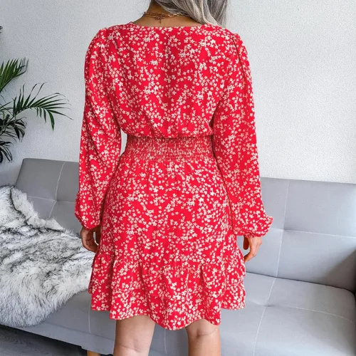 Vista 3 de Vestidos de noche plisados para mujer, vestido de cóctel con flores, cómodo, clásico, delgado, manga larga, cuello en V