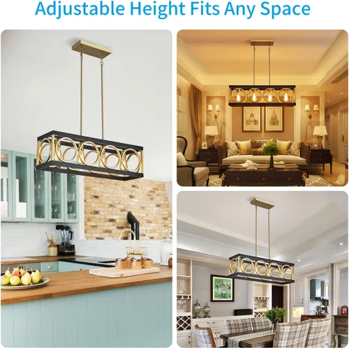 Vista 6 de XINGQI Lámpara de araña rectangular moderna, iluminación de isla de cocina de granja, accesorio de luz colgante industrial rústico de 4 luces