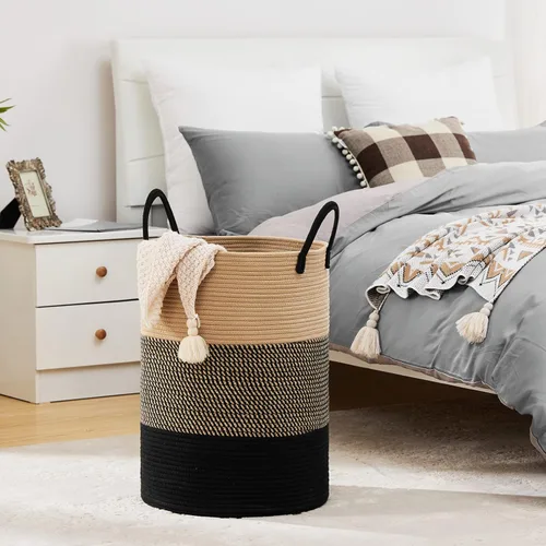 Vista 7 de Fiona's magic - Canasta grande de lavandería tejida de 58 litros, cesta alta de cuerda de algodón para lavandería, cesta de almacenamiento boho