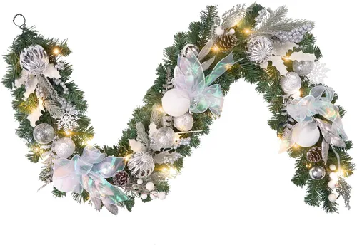 Vista 10 de Guirnalda de Navidad preiluminada de 1.83 metros con diseño de búfalo a cuadros en blanco y negro, decoración navideña con 30 luces LED, decoración
