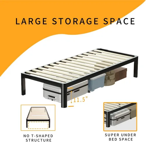 Vista 30 de MAF Marco de cama de metal Queen de 18 pulgadas con patas redondas anticolisión, marco de cama negro resistente de 3500 libras con listones