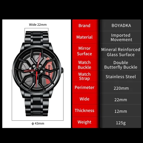 Vista 6 de BOYADKA Relojes de automóvil para hombre, reloj de rueda de automóvil con movimiento de cuarzo japonés, reloj de pulsera impermeable de acero
