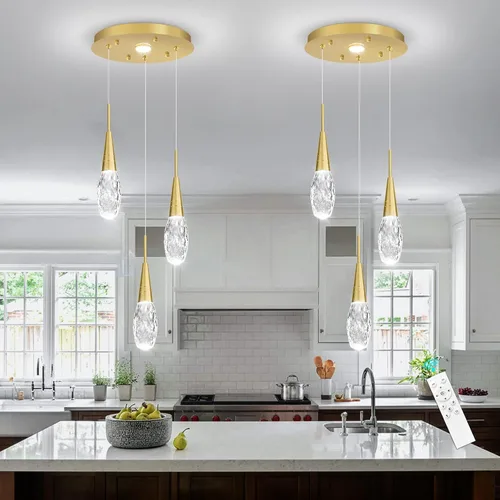 Vista 5 de 3 luces LED colgantes para isla de cocina, lámpara regulable dorada, moderna iluminación colgante de cristal para comedor, dormitorio, sala