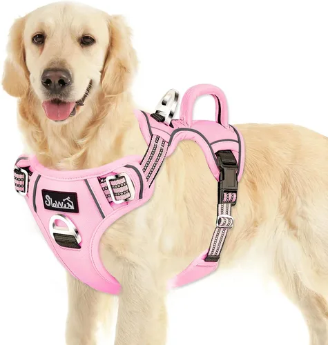 Vista 13 de SlowTon Arnés para perro sin tirones, arnés resistente sin estrangulamiento para mascotas, con 2 clips para la correa y mango vertical de fácil