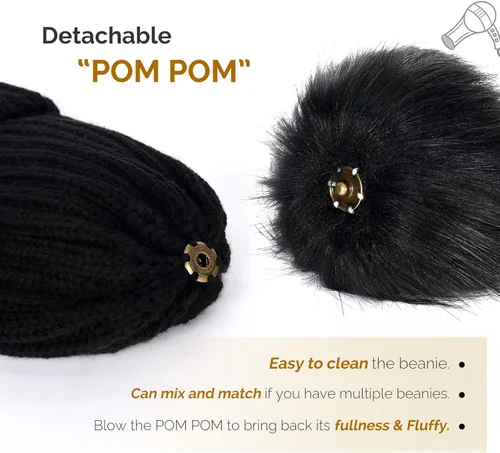 Vista 3 de FURTALK Gorro de punto de invierno para mujer con pompones de piel sintética gorro de punto cálido con calavera para mujer