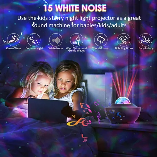 Vista 3 de Proyector de estrellas, proyector de galaxia para dormitorio, luz nocturna de galaxia con temporizador y control remoto, altavoz Bluetooth, ruido