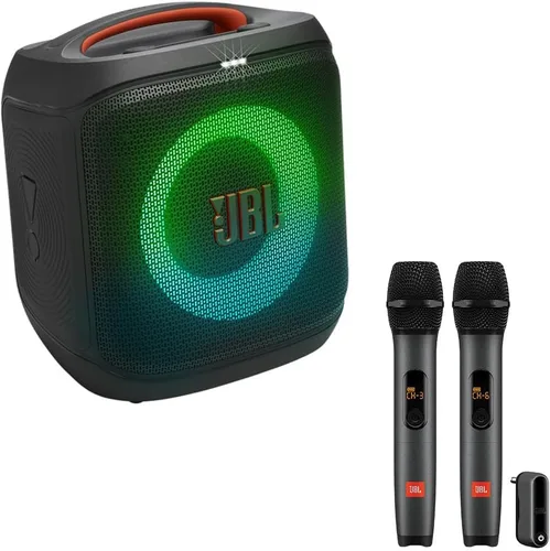 JBL PartyBox Encore Essential 2 - Paquete de altavoces portátiles para fiestas con 2 micrófonos inalámbricos (negro)
