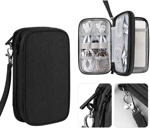 Vista 2 de PrimeEssence - Organizador de cables de viaje, bolsa de transporte para accesorios electrónicos, portátil, impermeable, doble capa, bolsa