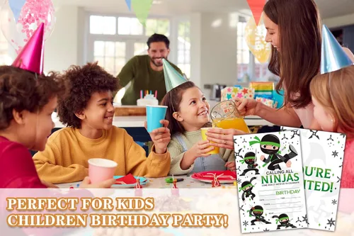 Vista 4 de Ninjas Invitaciones de cumpleaños con sobres, 20 invitaciones de fiesta de cumpleaños para niños y niñas, suministros de fiesta de cumpleaños