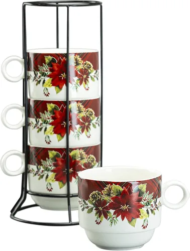 Vista 6 de Juego de 4 tazas apilables de café y té de 10 onzas con soporte de metal (Poinsettia)