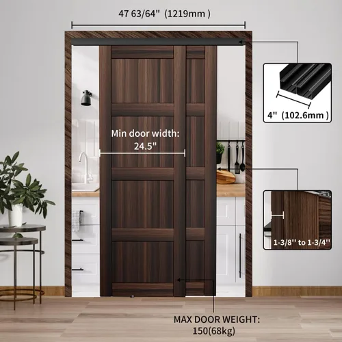 Vista 3 de Herrajes para Rieles de Puertas Corredizas de Armario de Servicio Pesado Bypass 48", Juego de Rieles para Puertas de Bolsillo de Aluminio de 4 Pies