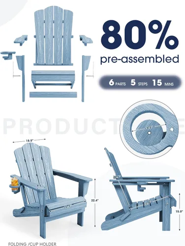 Vista 6 de KINGYES Silla plegable estilo Adirondack, sillas de patio resistentes a todo clima de HDPE, silla de césped con textura de madera para junto a